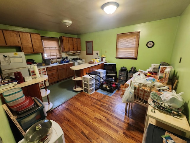 kitchen with white electric range oven, dark wood-type flooring, and electric panel