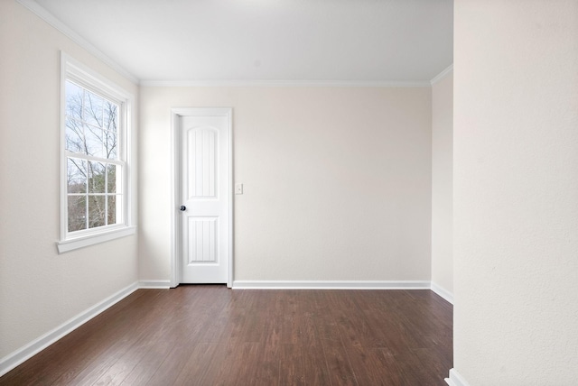 unfurnished room with dark hardwood / wood-style floors and ornamental molding