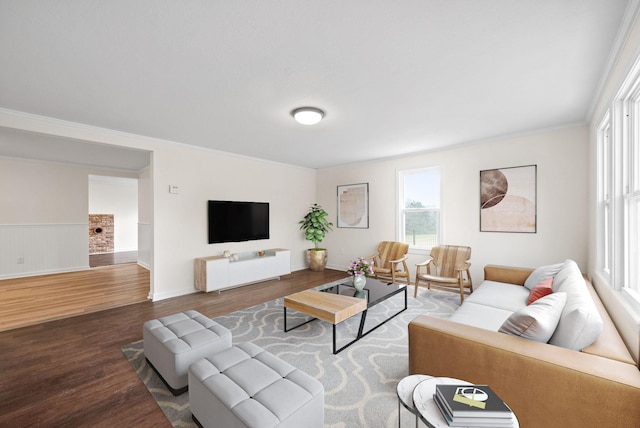 living room featuring wood-type flooring and ornamental molding