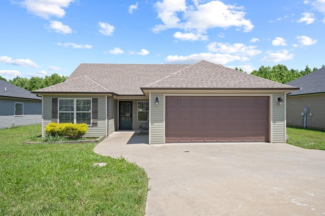 single story home with a front lawn and a garage