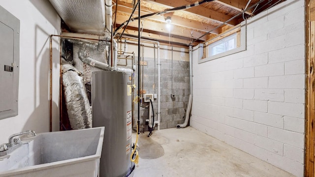 utilities featuring sink, electric panel, and water heater