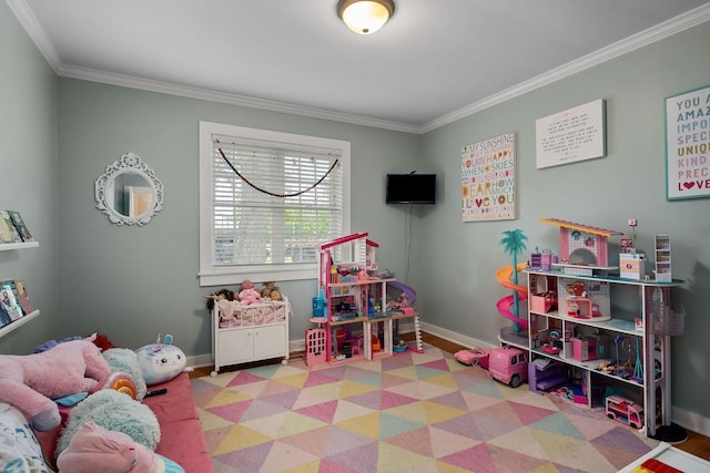 recreation room featuring crown molding