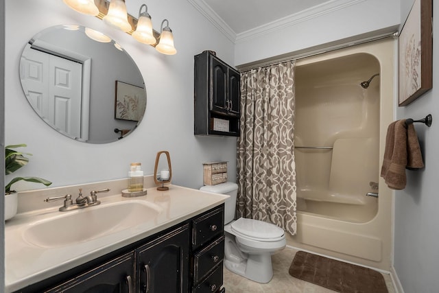 full bathroom featuring vanity, tile patterned flooring, toilet, ornamental molding, and shower / tub combo