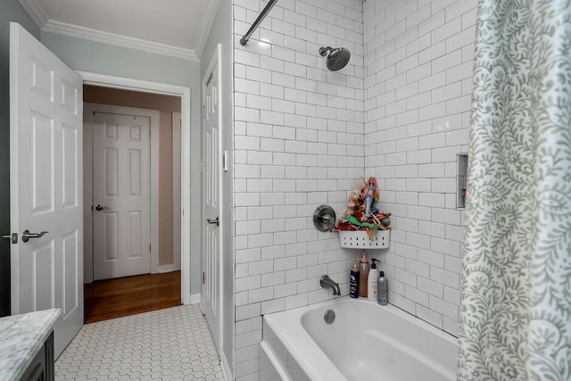 bathroom with shower / tub combo with curtain, tile patterned flooring, and ornamental molding