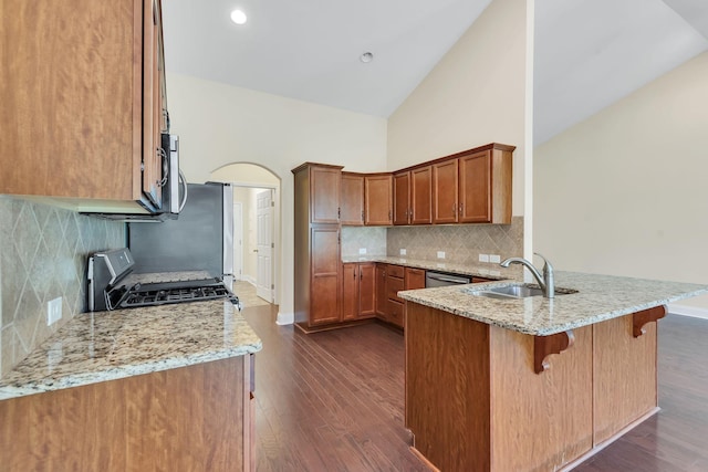 kitchen with kitchen peninsula, stove, high vaulted ceiling, and light stone countertops