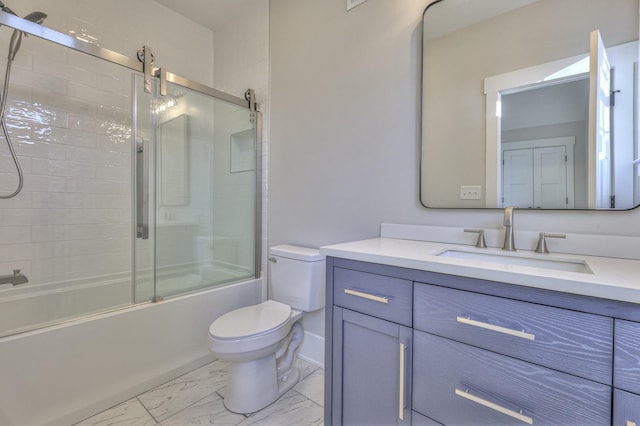 full bathroom featuring vanity, enclosed tub / shower combo, and toilet