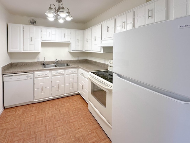 kitchen featuring white cabinetry, sink, hanging light fixtures, white appliances, and light parquet flooring