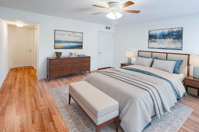 bedroom with ceiling fan and light hardwood / wood-style floors