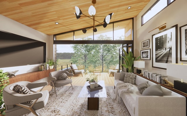 3525 Garner Rd Unit 1, Chattanooga, TN 37406 - living area with a wall of windows, wood ceiling, plenty of natural light, and a towering ceiling