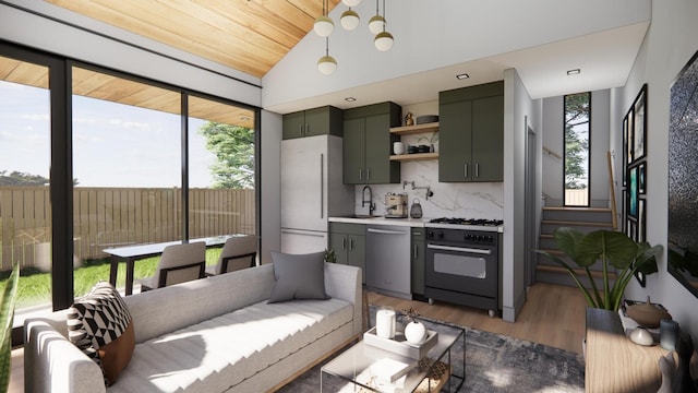 3525 Garner Rd Unit 3, Chattanooga, TN 37406 - kitchen with stainless steel dishwasher, gas stove, freestanding refrigerator, vaulted ceiling, and open shelves