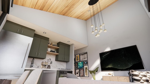 3525 Garner Rd Unit 3, Chattanooga, TN 37406 - kitchen with open shelves, light countertops, wood ceiling, decorative backsplash, and a high ceiling