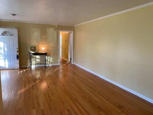 interior space featuring wood-type flooring and crown molding