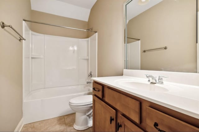 full bathroom with tile patterned flooring, vanity,  shower combination, and toilet