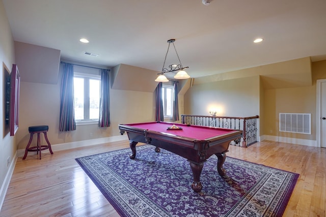 playroom with light hardwood / wood-style flooring and pool table