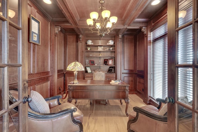 office area featuring coffered ceiling, wood ceiling, built in shelves, a notable chandelier, and wood walls