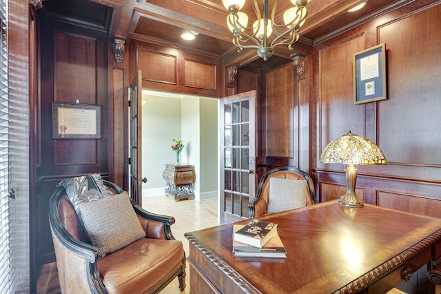 office space with beam ceiling, coffered ceiling, an inviting chandelier, wooden walls, and ornamental molding