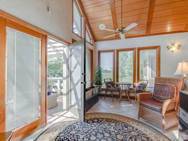 sunroom / solarium featuring ceiling fan, plenty of natural light, wood ceiling, and vaulted ceiling