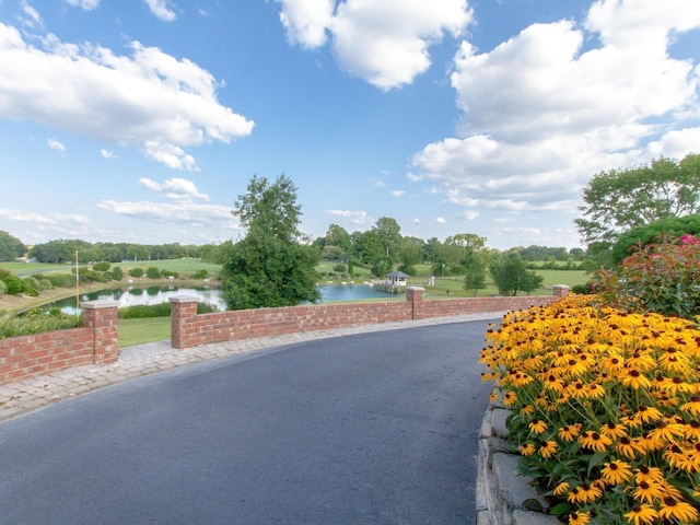 view of street with a water view