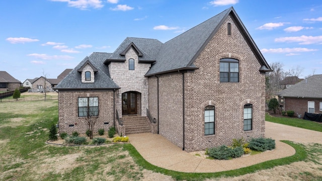 french provincial home with a front lawn