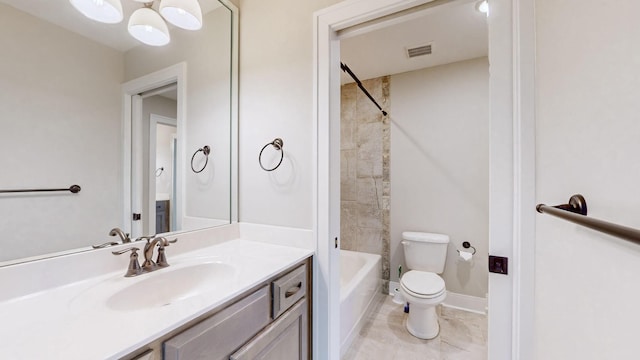 full bathroom featuring tile patterned flooring, vanity, bathtub / shower combination, and toilet