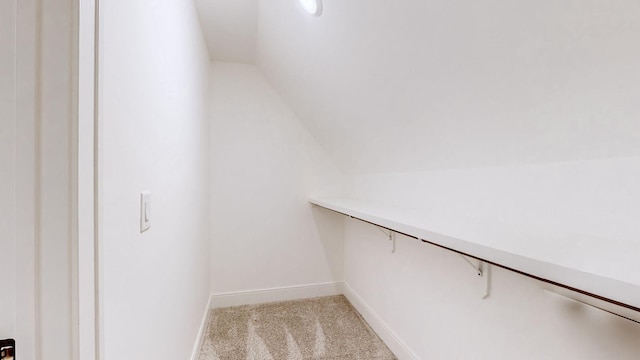 spacious closet with light colored carpet and lofted ceiling