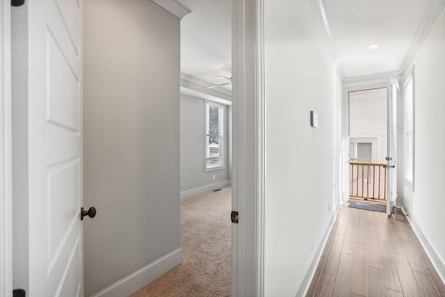 hallway featuring ornamental molding and light carpet