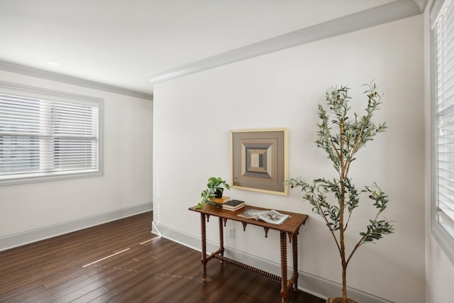 interior space with ornamental molding and dark wood-type flooring