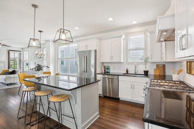 kitchen with appliances with stainless steel finishes, sink, decorative light fixtures, dark hardwood / wood-style floors, and white cabinetry