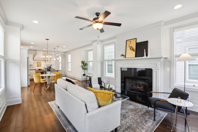 living room featuring ceiling fan with notable chandelier, dark wood-type flooring, ornamental molding, and a premium fireplace