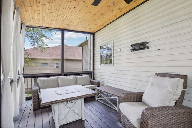 sunroom / solarium featuring ceiling fan and wood ceiling