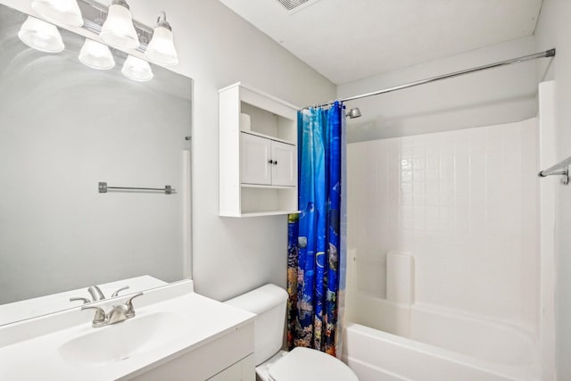 full bathroom featuring vanity, toilet, and shower / bathtub combination with curtain