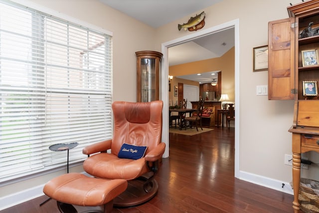 sitting room featuring dark hardwood / wood-style floors, a healthy amount of sunlight, and ceiling fan