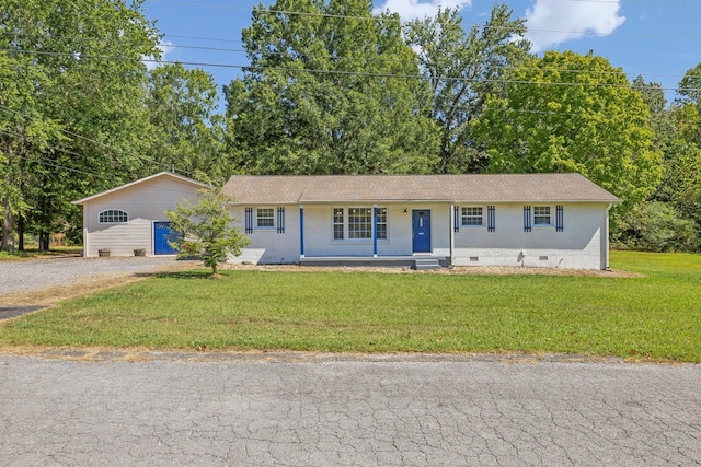 ranch-style house featuring a front yard and a porch