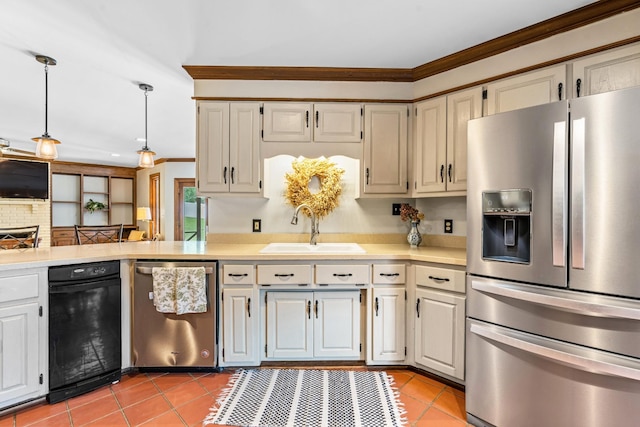 kitchen featuring stainless steel appliances, crown molding, sink, light tile patterned floors, and decorative light fixtures