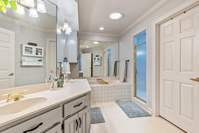 bathroom featuring shower with separate bathtub, vanity, tile patterned floors, and crown molding