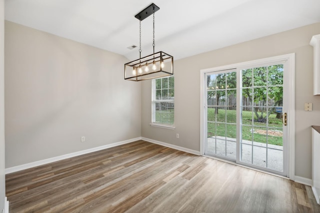 unfurnished dining area featuring wood-type flooring