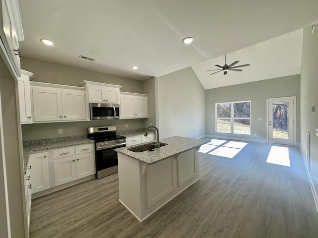 kitchen featuring light stone countertops, stainless steel appliances, sink, white cabinetry, and an island with sink