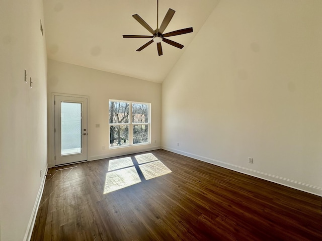 unfurnished room featuring dark hardwood / wood-style floors, high vaulted ceiling, and ceiling fan