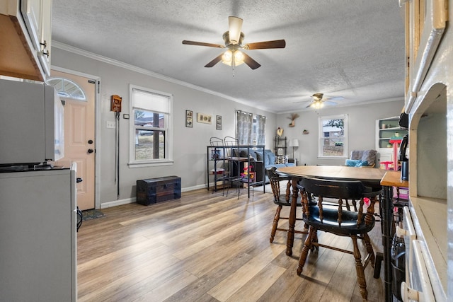 dining room with a textured ceiling, ceiling fan, light hardwood / wood-style floors, and crown molding