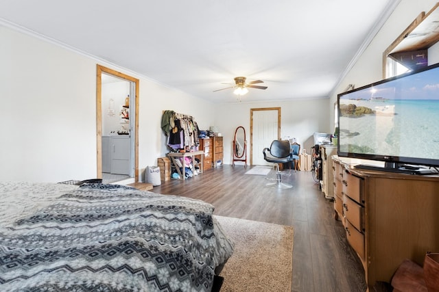 bedroom with ceiling fan, crown molding, dark wood-type flooring, and washer / dryer