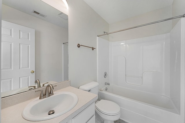 full bathroom with vanity, toilet, a textured ceiling, and bathtub / shower combination