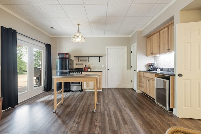 kitchen with dark hardwood / wood-style flooring, tasteful backsplash, beverage cooler, stainless steel stove, and hanging light fixtures