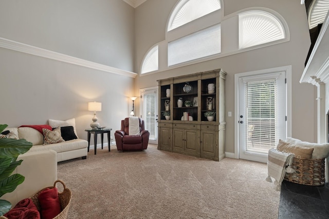 carpeted living room featuring a high ceiling