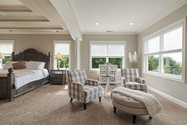 bedroom with carpet, decorative columns, and ornamental molding