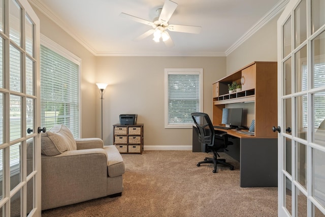 carpeted office with french doors, ceiling fan, and crown molding