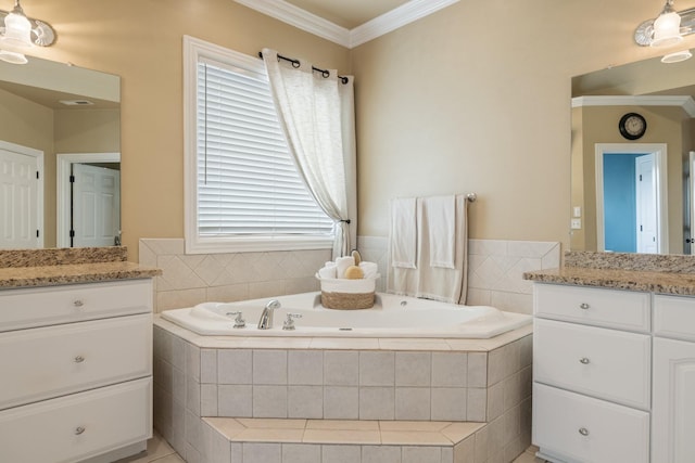 bathroom featuring tiled bath, a wealth of natural light, vanity, and ornamental molding