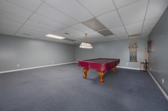 playroom with a paneled ceiling, dark carpet, and pool table