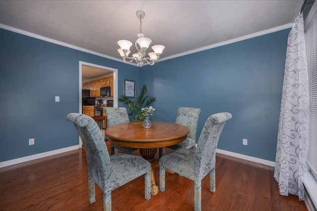 dining room with dark hardwood / wood-style floors, ornamental molding, and an inviting chandelier