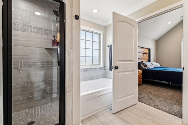 bathroom with crown molding and plus walk in shower