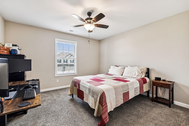 bedroom featuring dark colored carpet and ceiling fan